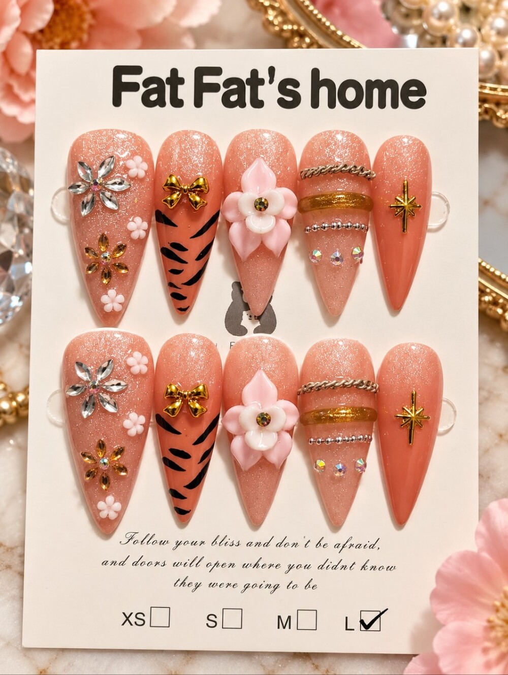 Fat Fat’s Home Pink 3D Floral Stiletto Press-On Nails – Size L